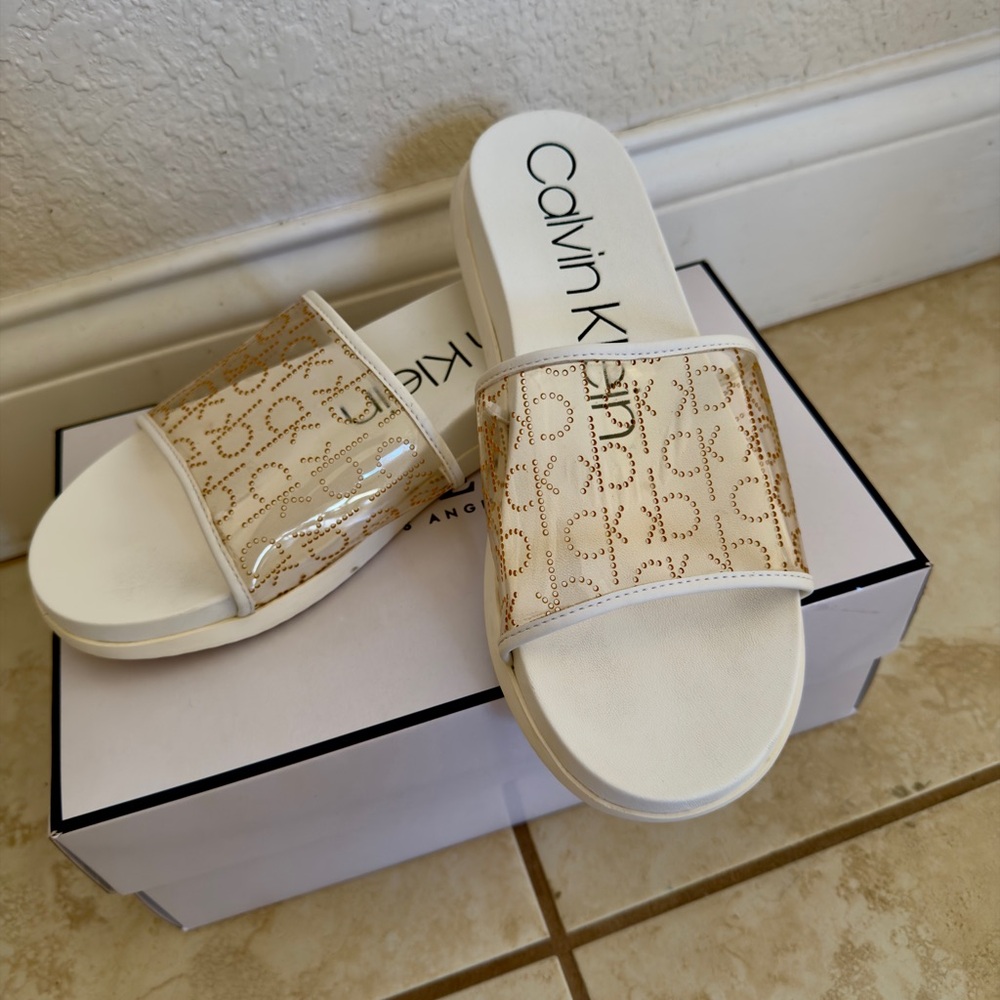 Calvin Klein Women's White and Gold Sandals